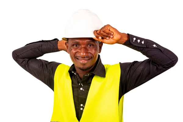 Jovem Inspetor Arquiteto Vestindo Colete Verde Capacete Segurança Branco Enquanto — Fotografia de Stock
