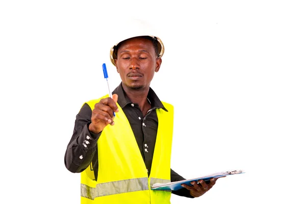 Hands Young Male Inspector Architect Wearing Vest While Holding Clipboard — Stock Photo, Image