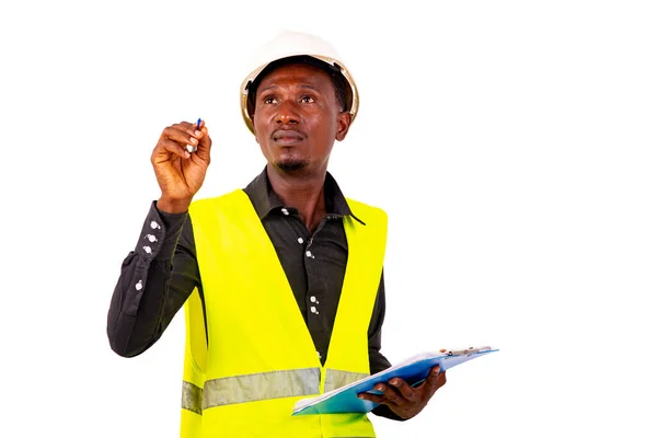 Handen Van Een Jonge Mannelijke Inspecteur Architect Dragen Vest Terwijl — Stockfoto