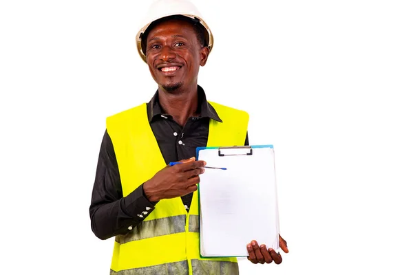 Handen Van Een Jonge Man Inspecteur Architect Dragen Vest Tijdens — Stockfoto