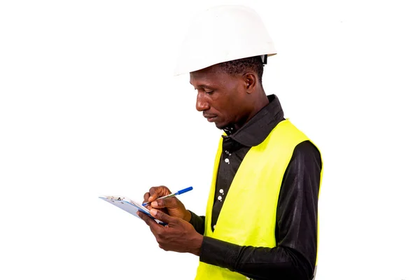 Young Man Inspector Architect Wearing Green Vest Safety Helmet Writing — Stock Photo, Image