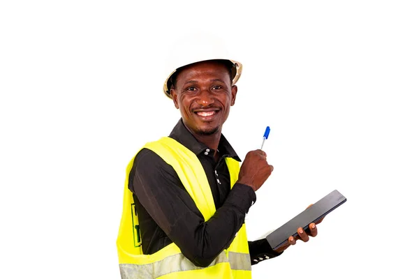 Engenheiro Construção Com Chapéu Duro Sobre Fundo Branco Segurando Tablet — Fotografia de Stock