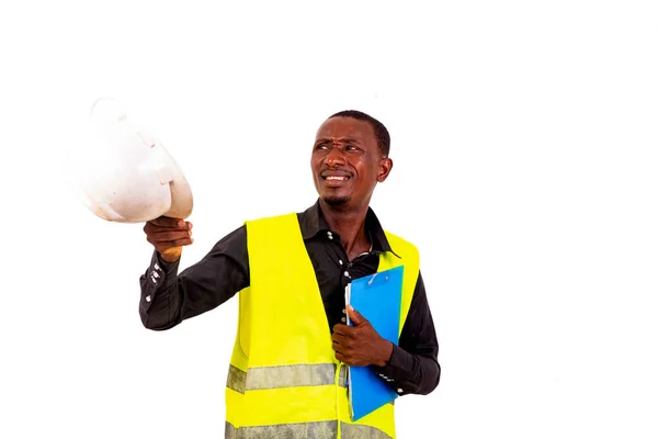 Молодой Человек Инспектор Архитектор Носить Зеленый Жилет Окрашенные Шлем Безопасности — стоковое фото