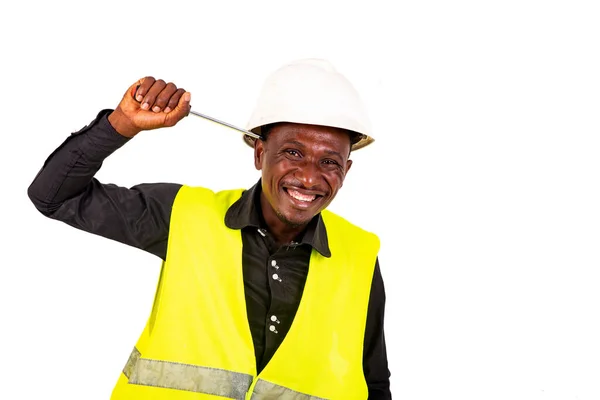 Jovem Técnico Masculino Vestindo Colete Verde Capacete Segurança Segurando Chave — Fotografia de Stock