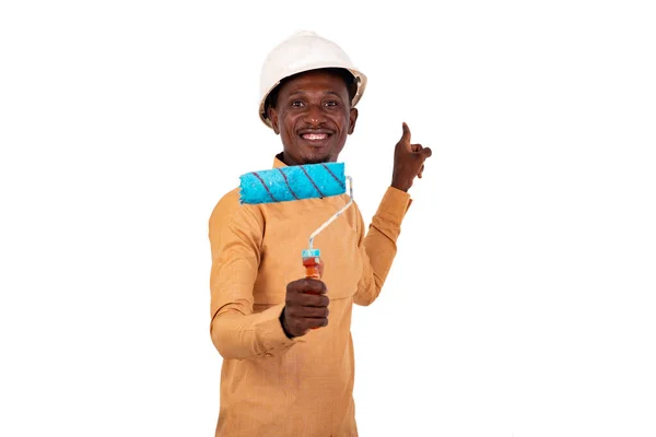 Young Architect Business Man Wearing White Safety Helmet Holding Brush — Stock Photo, Image