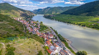 Avusturya 'daki Spitz an der Donau köyünün Panorama manzarası.
