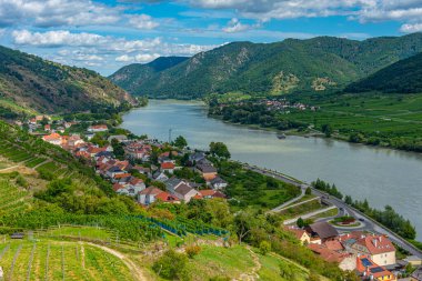 Avusturya 'daki Spitz an der Donau köyünün Panorama manzarası.