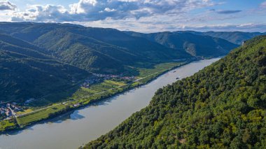 Avusturya 'daki Aggstein kalesi yakınlarındaki Tuna nehrinin panorama manzarası.