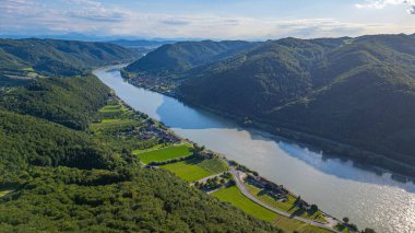 Avusturya 'daki Aggstein kalesi yakınlarındaki Tuna nehrinin panorama manzarası.