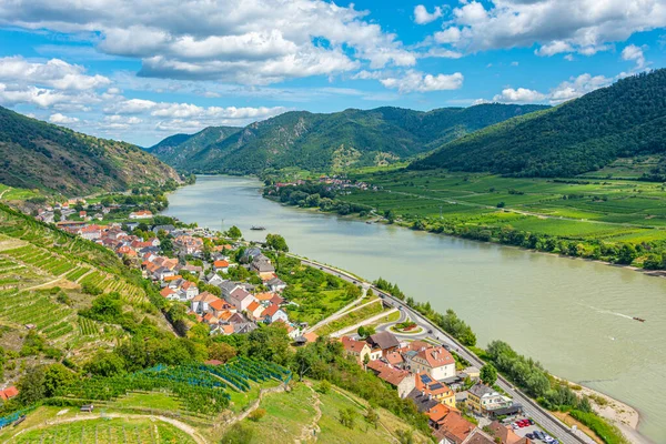 Avusturya 'daki Spitz an der Donau köyünün Panorama manzarası.