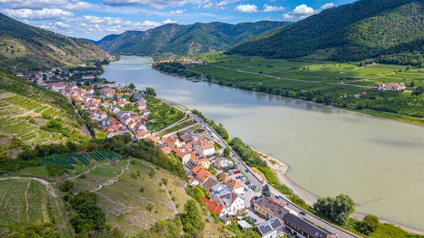 Avusturya 'daki Spitz an der Donau köyünün Panorama manzarası.