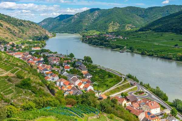 Avusturya 'daki Spitz an der Donau köyünün Panorama manzarası.