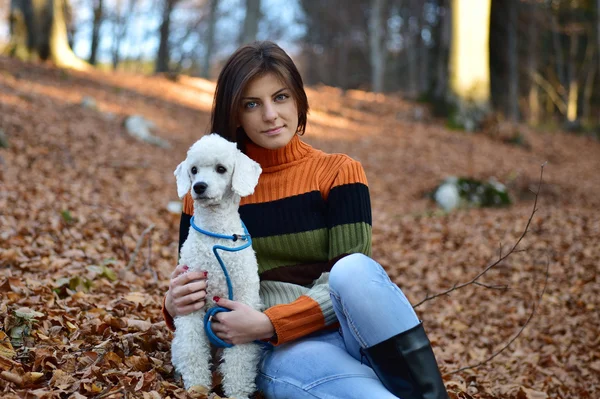Una chica con su perro en el colorido bosque de otoño — Foto de Stock