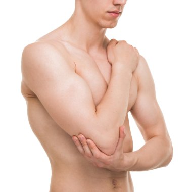 Adam tutarak dirsek beyaz - anatomi erkek izole ortak