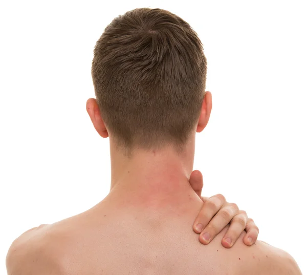 Férfi vissza nyak fájdalom elszigetelt fehér - igazi anatómia — Stock Fotó