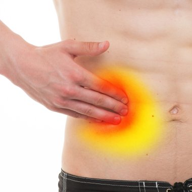 Karın ağrısı - erkek anatomisi sağ tarafında ağrı üzerinde beyaz izole 