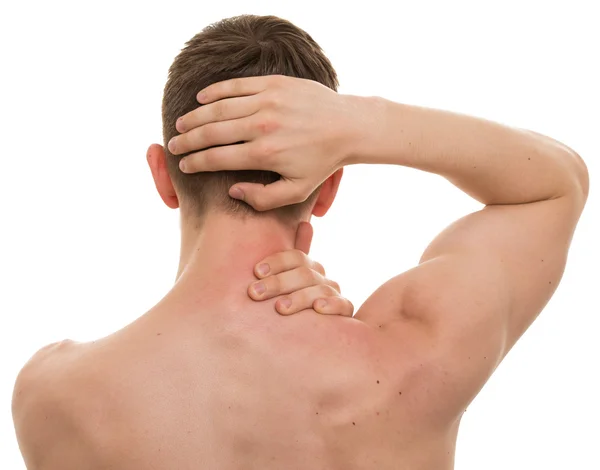 Αρσενικό πίσω λαιμό πονούν κρατώντας με τα χέρια απομονωθεί σε λευκό - πραγματική — Φωτογραφία Αρχείου