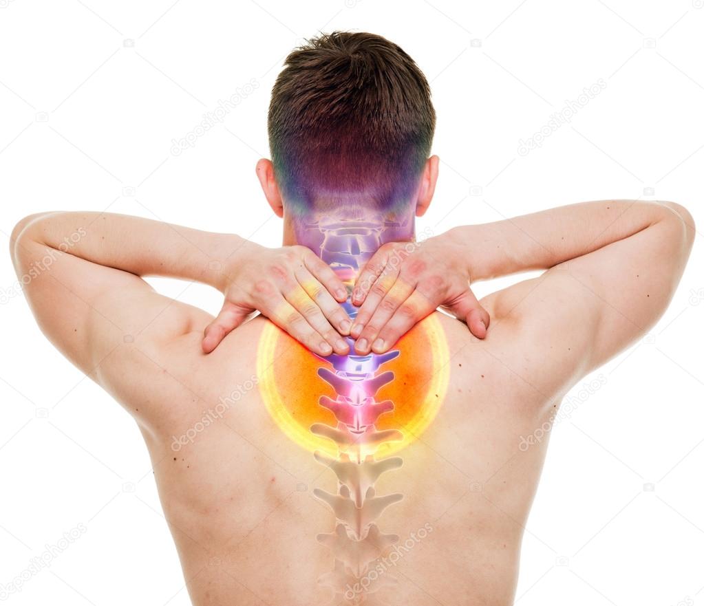 Male Back Neck Ache Isolated on White - REAL Anatomy Stock Image