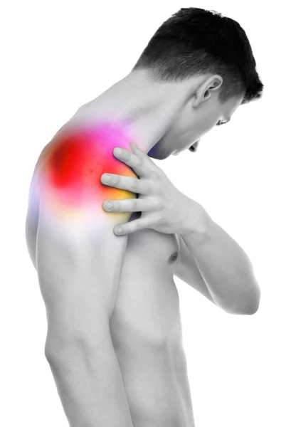 Плечовий біль Анатомія Чоловік тримає плече ізольовано на білому — стокове фото