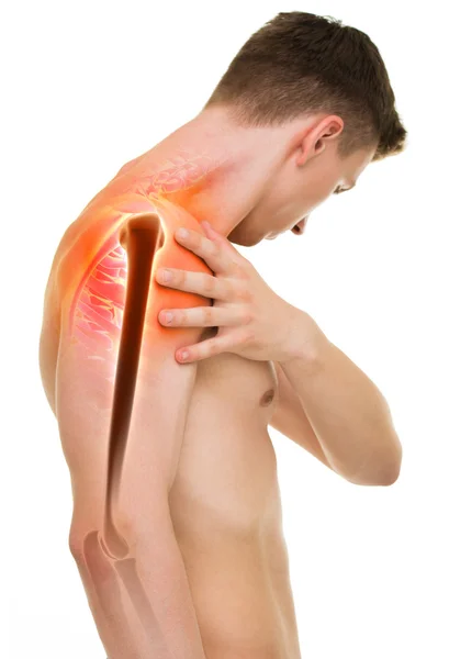 Bolest ramene - anatomie mužské držící rameno izolovaných na bílém — Stock fotografie