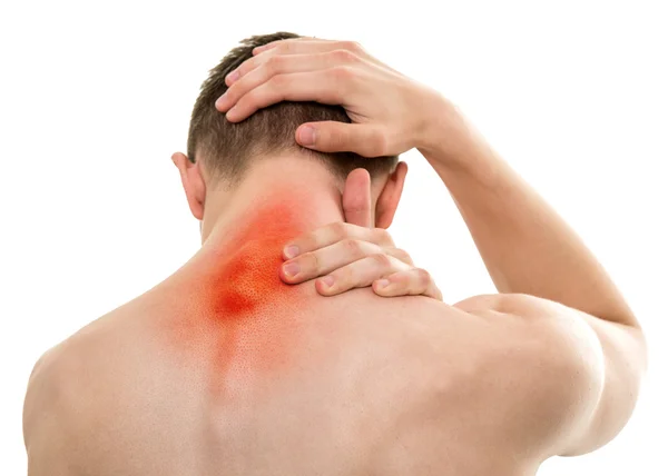Young Sportsman with Pain in Neck isolated on white — Stock Photo, Image