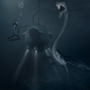 Sea monster and bathysphere clipart