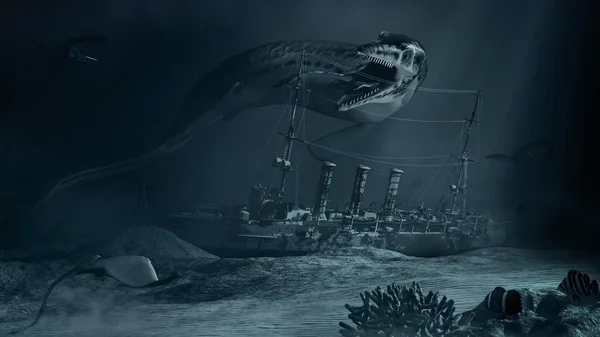 Морський монстр і затонув корабель — стокове фото