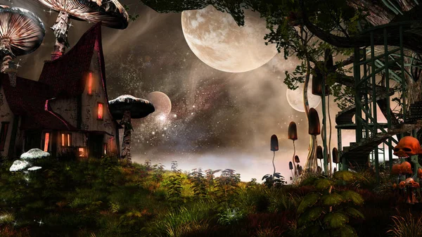 Night scenery with fantasy house, mushrooms and planets