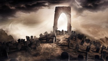 Tepede taş yay ve mezar taşlarıyla manzara