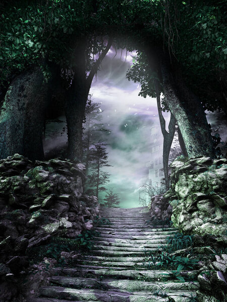 Forest scenery with stone stairs, rocks and castle