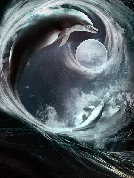 Meereslandschaft Mit Zwei Delfinen Mond Und Wellen — Stockfoto