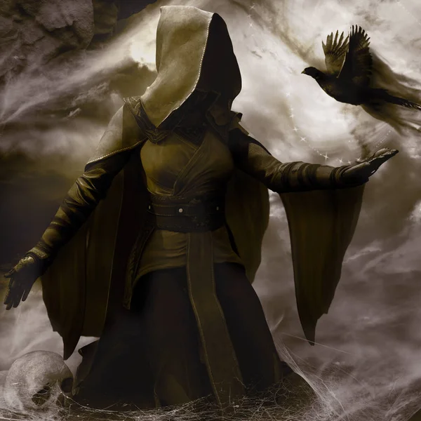 Fantasy Scene Sorceress Evoking Bird — Stock Photo, Image