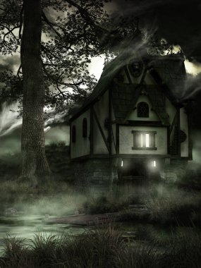 Bataklığa yakın bir evi olan gotik bir manzara.