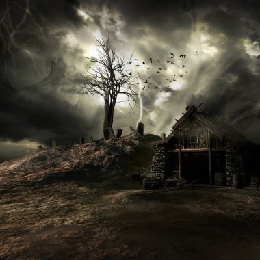 Eski kulübe, ağaç ve kuşlarla Gotik manzara