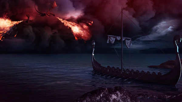 Fantasy Landscape Two Red Dragons Vikings Ship — Stock Photo, Image