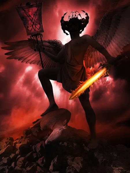 Kara Melek Ateşli Bir Kılıç Koyun Tuttuğu Fantezi Sahnesi — Stok fotoğraf