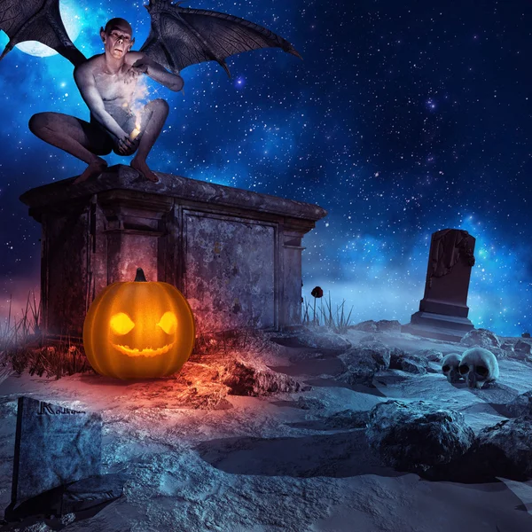 Vampire crouching on the stone tomb — Stock Photo, Image