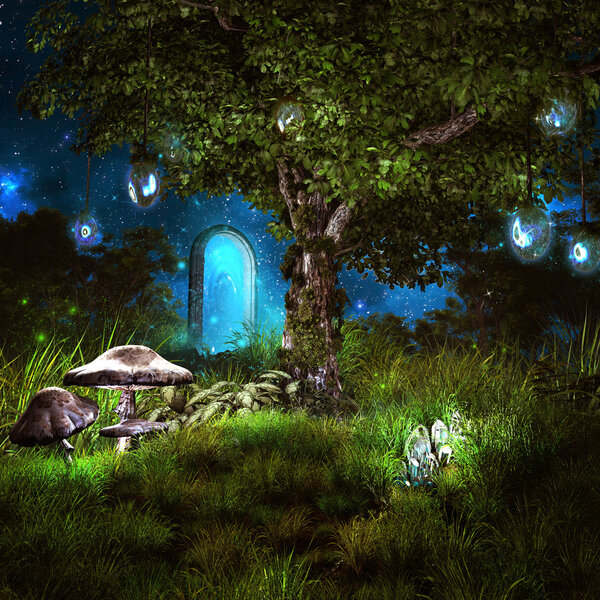 Fairytale scenery with old tree, magic portal, mushrooms and blue crystals