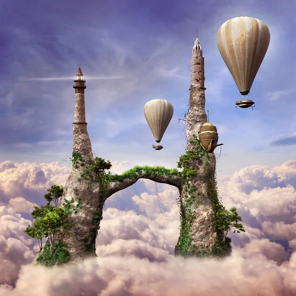 Fantasiefels mit Turm und Leuchtturm — Stockfoto