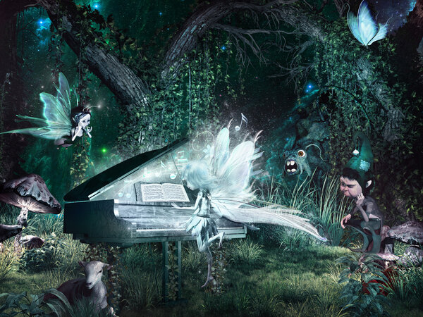 Night scenery with fairies, gnome and grand piano