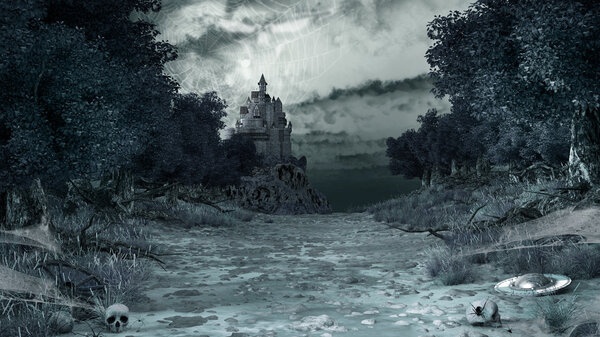 Gloomy scenery with spiders, webs, skulls and castle
