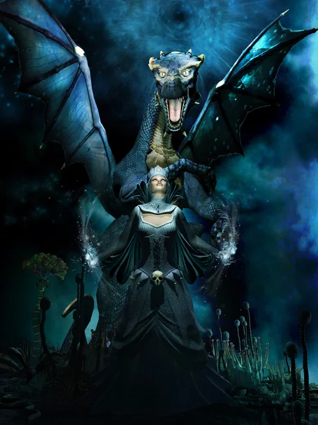 Dragon and evil queen — Stock Photo, Image