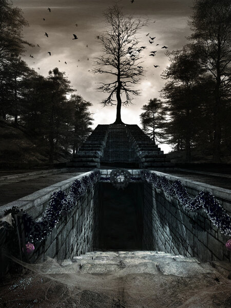 Gloomy scenery with dark forest,garlands, baubles and stairs to old crypt