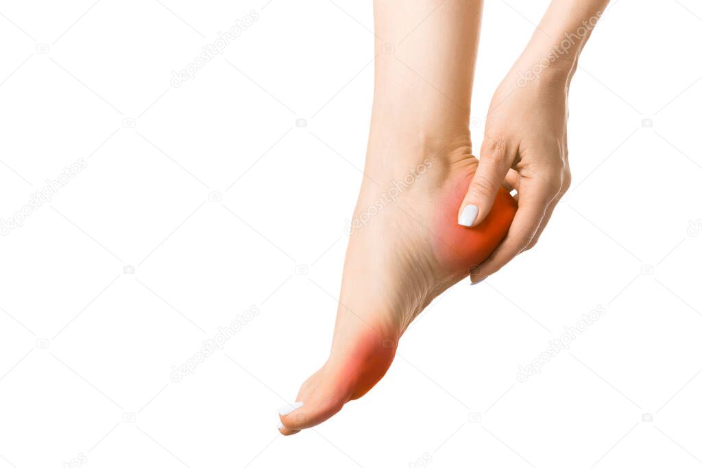 Sore foot, isolated on white. Female barefoot, chafing areas on heel and toes highlighted in red.
