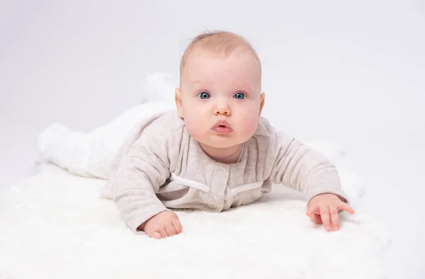 Pretty Baby Plays Floor Toy White Background Stock Image