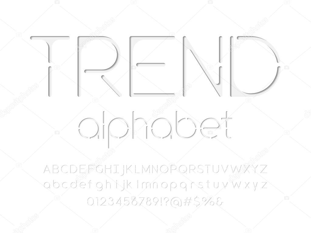 Modern stencil alphabet design with uppercase, lowercase, numbers and symbols