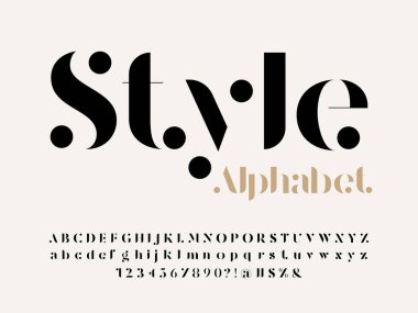 Büyük, küçük, sayılı ve sembollü modern serif alfabesi tasarımı