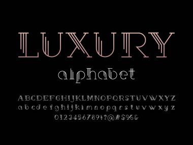 Büyük, küçük, rakamlar ve sembollerle biçimlendirilmiş modern zarif alfabe tasarımının vektörü