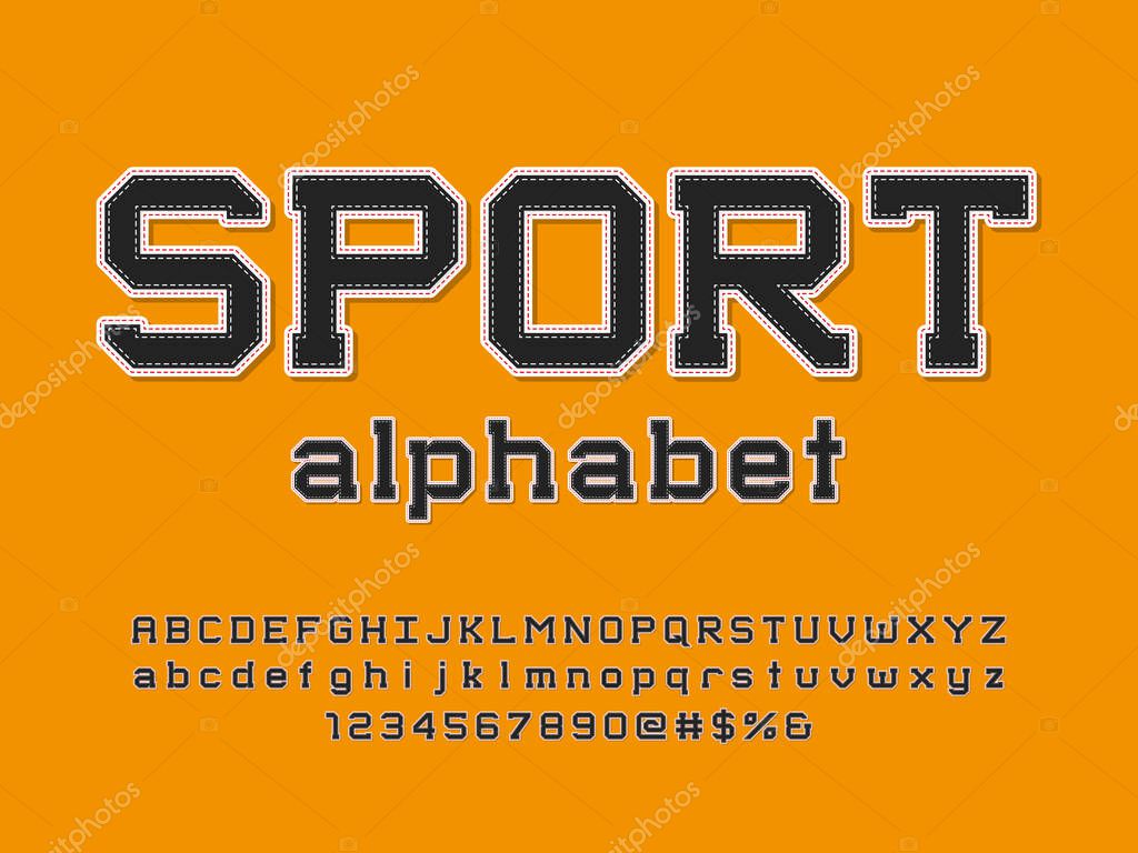 Sports style embroidered stitching alphabet design with uppercase, lowercase, numbers and symbols