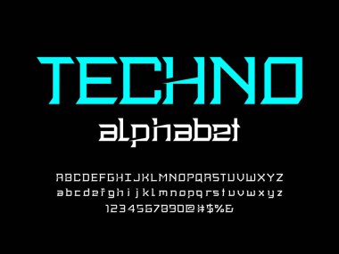 büyük, küçük, rakamlar ve sembollerle modern ekran tarzı alfabe dizaynı